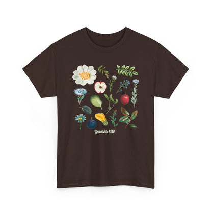 Botanical Fruit & Flower Tee — Watercolor Garden Illustration T-Shirt Genesis 1:29