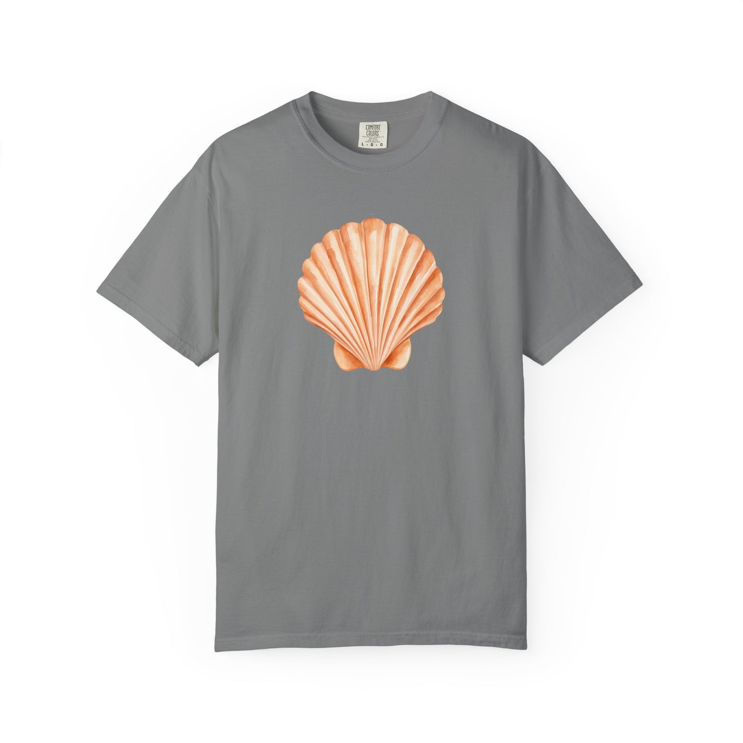 Shell Pocket T-Shirt — Minimal Beach Tee with Orange Seashell
