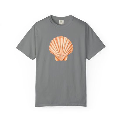 Shell Pocket T-Shirt — Minimal Beach Tee with Orange Seashell