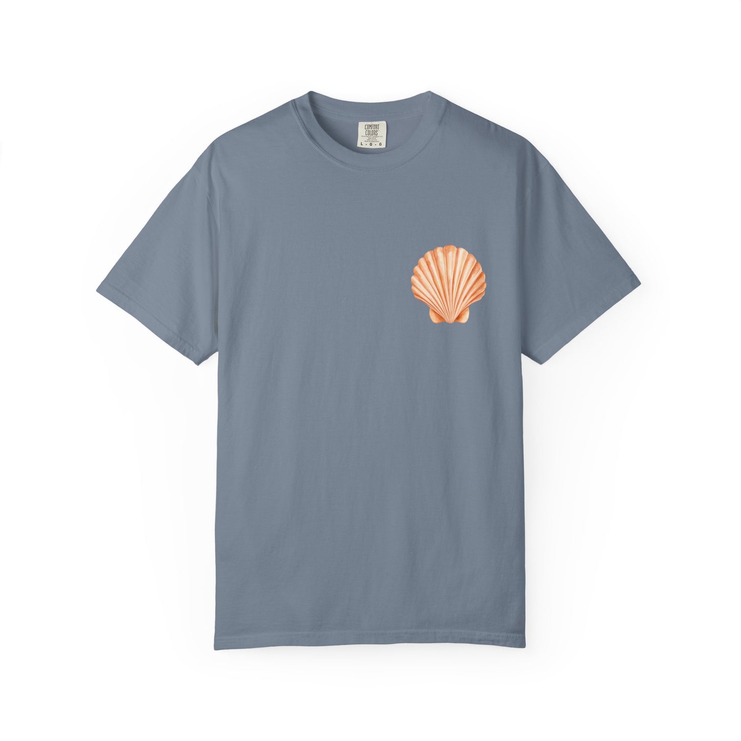 Shell Pocket T-Shirt — Minimal Beach Tee with Orange Seashell