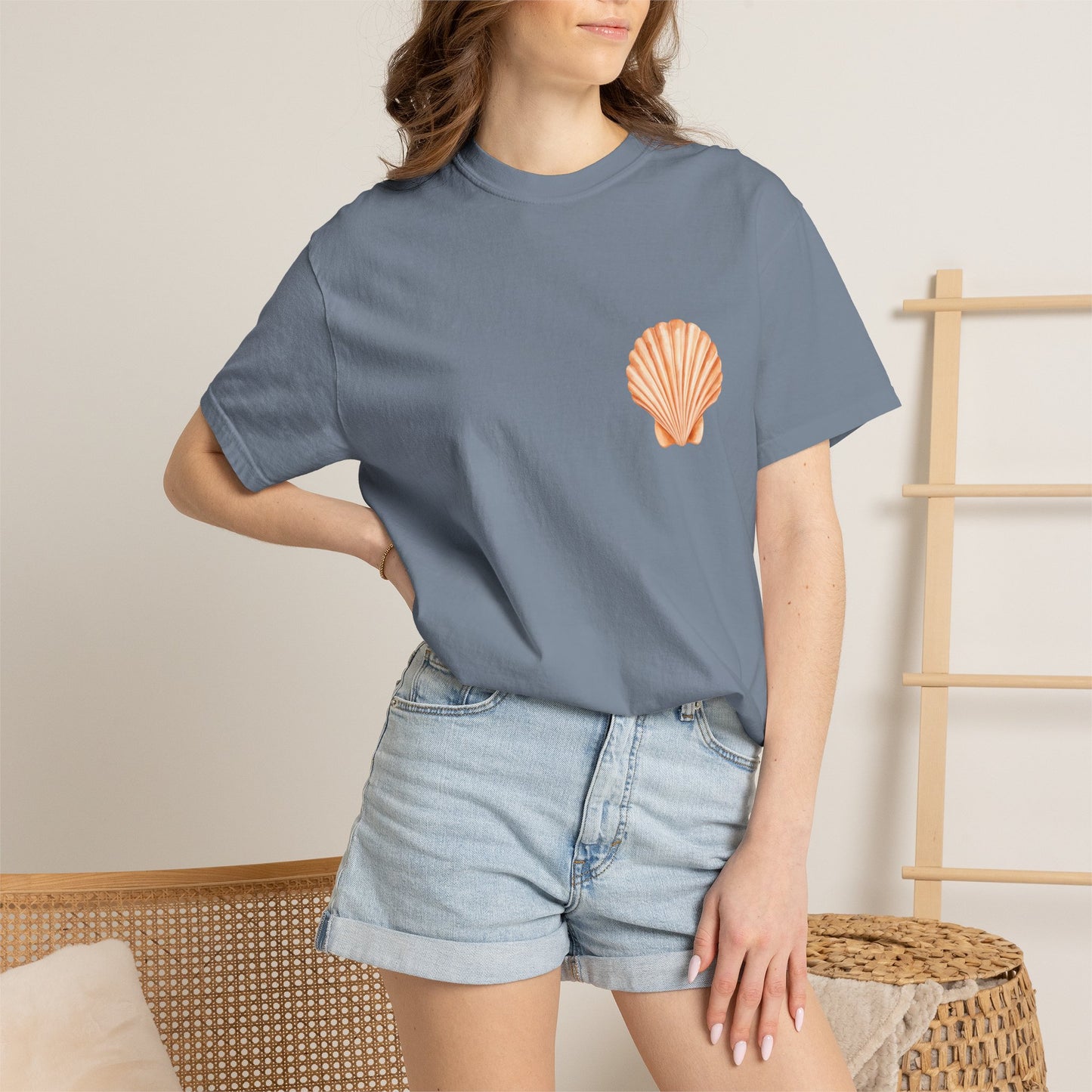 Shell Pocket T-Shirt — Minimal Beach Tee with Orange Seashell