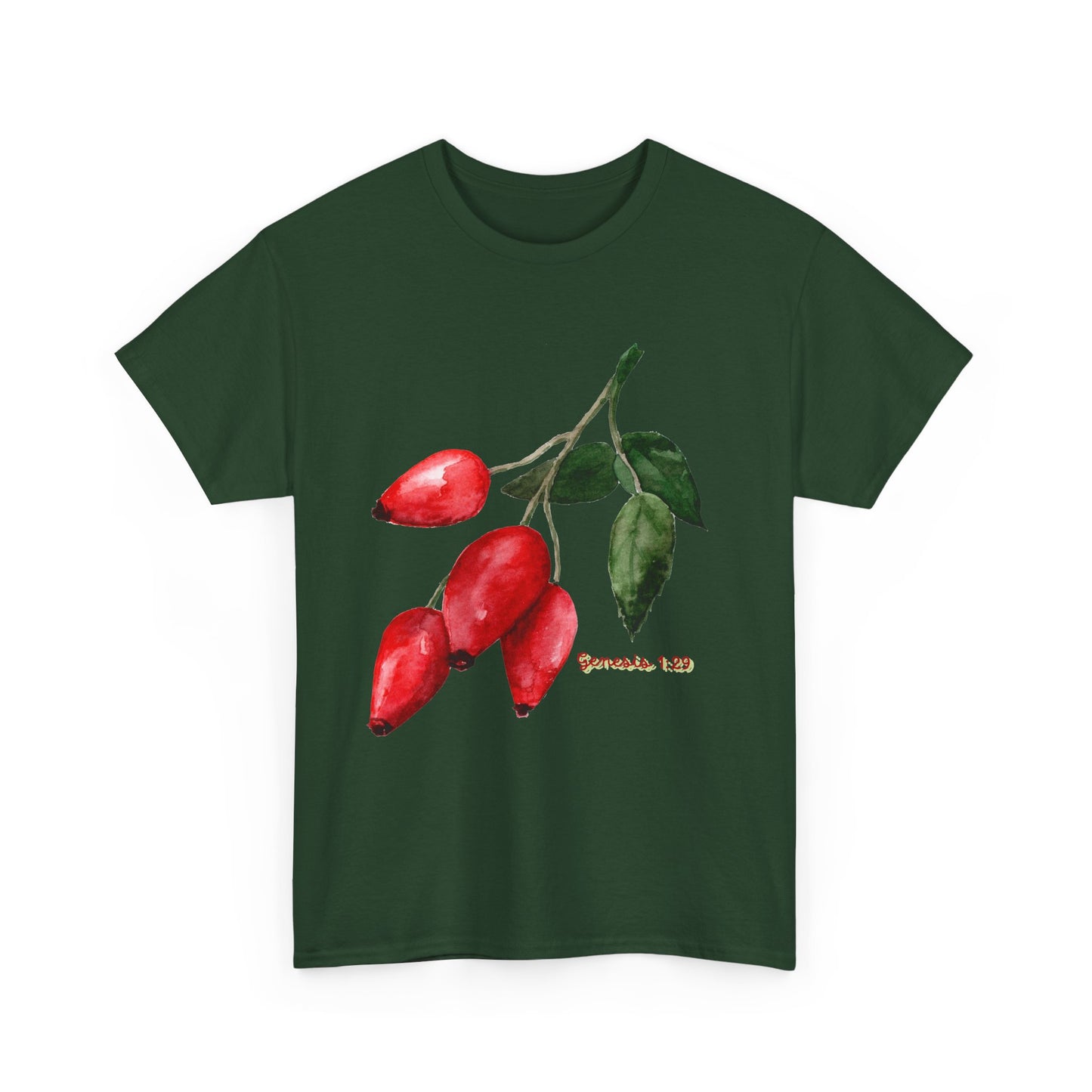 Rosehip Botanical Tee — Illustrated Rose Hips with Jeremiah 1:9 Scripture Accent