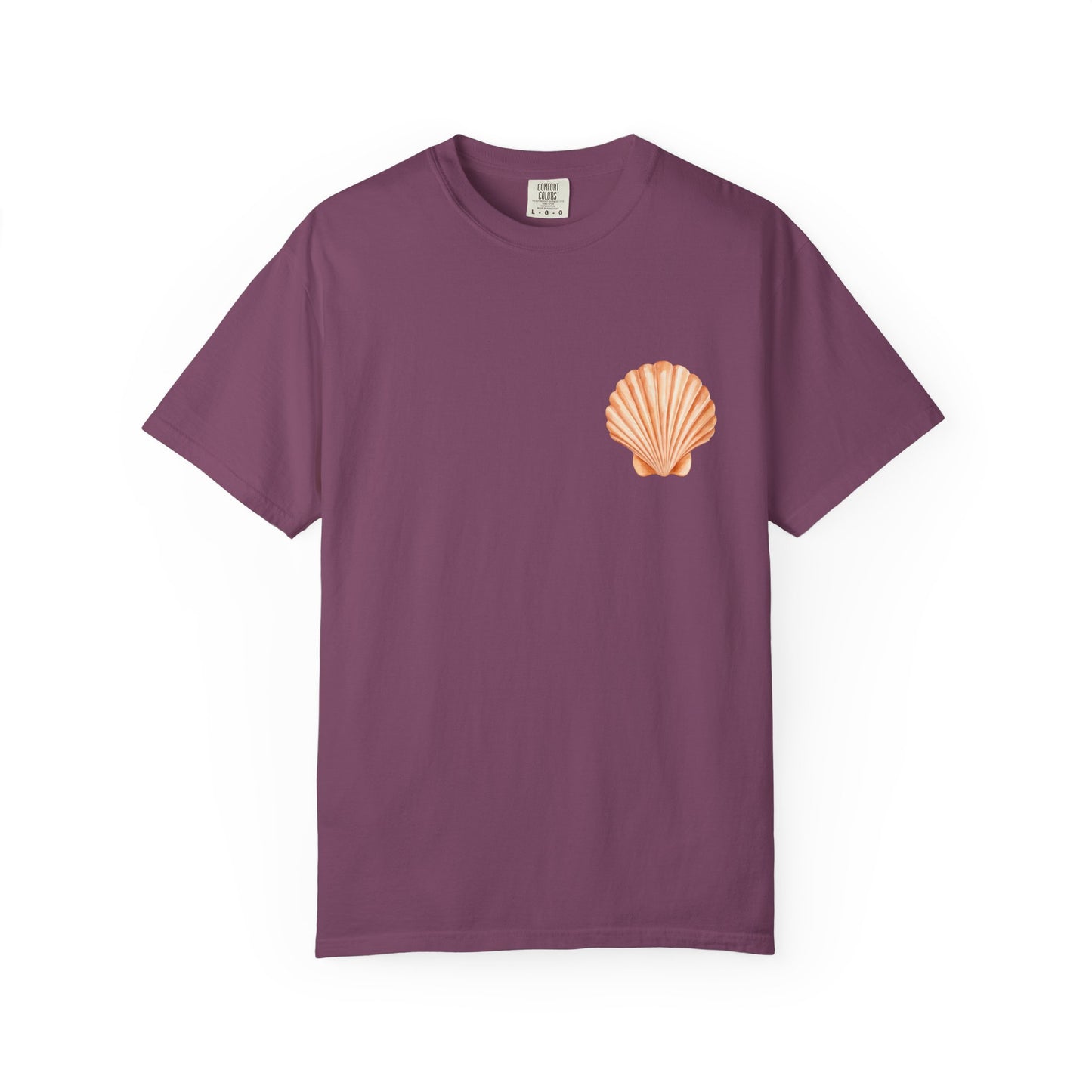 Shell Pocket T-Shirt — Minimal Beach Tee with Orange Seashell