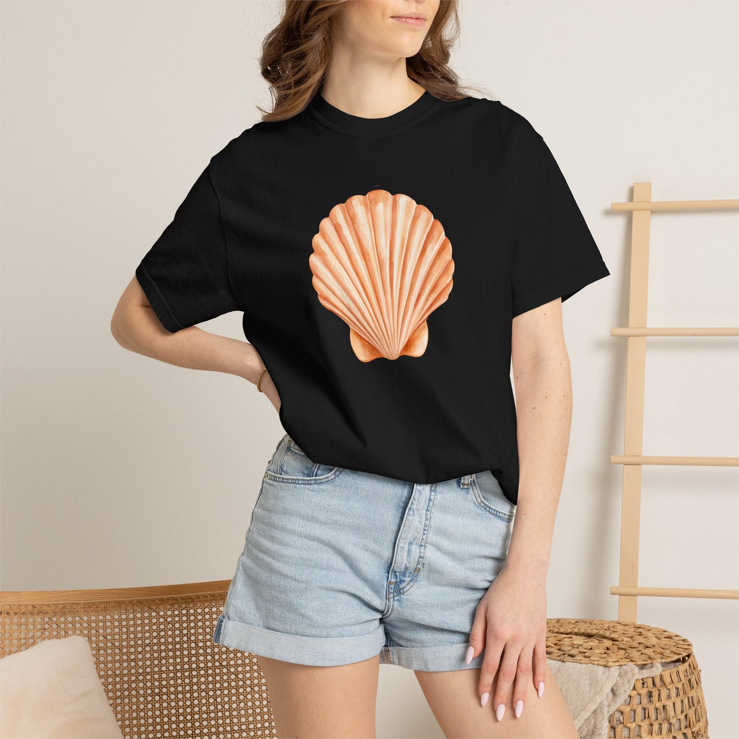 Shell Pocket T-Shirt — Minimal Beach Tee with Orange Seashell