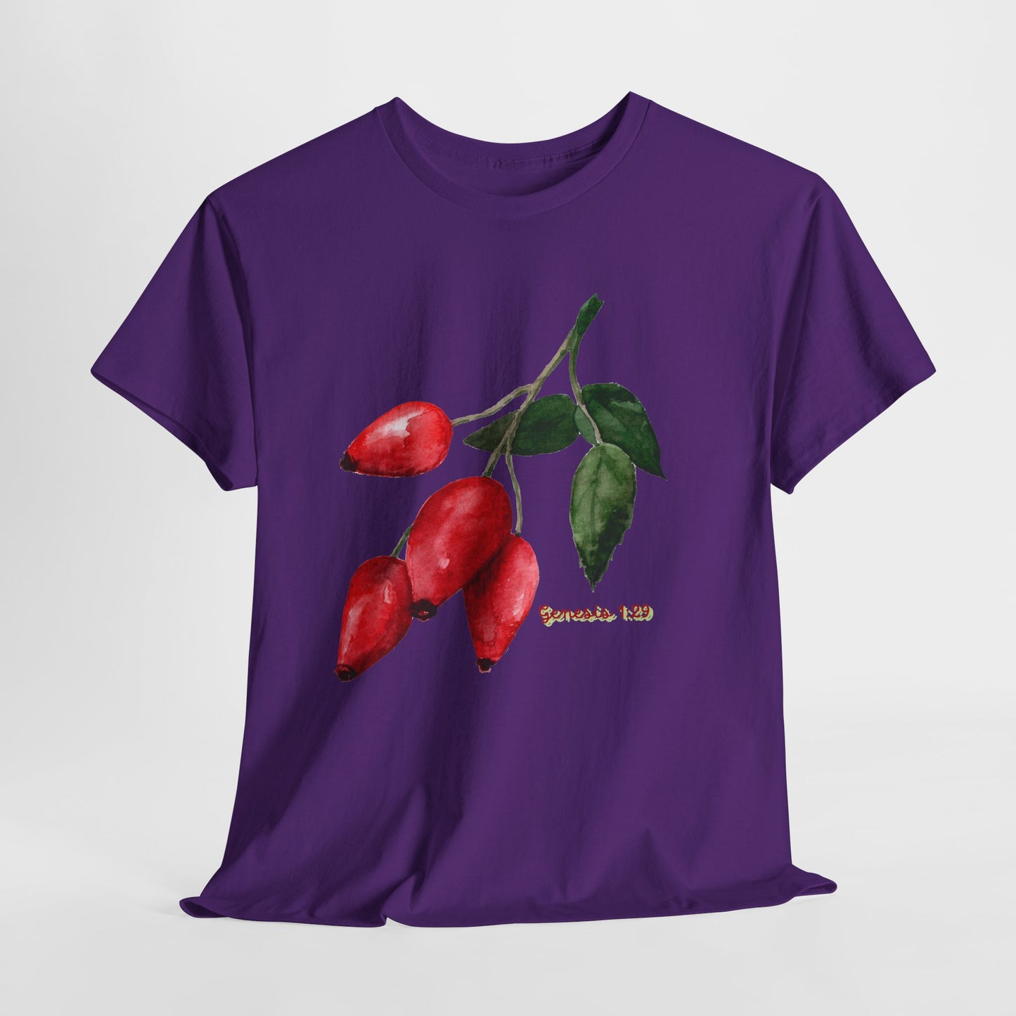 Rosehip Botanical Tee — Illustrated Rose Hips with Jeremiah 1:9 Scripture Accent