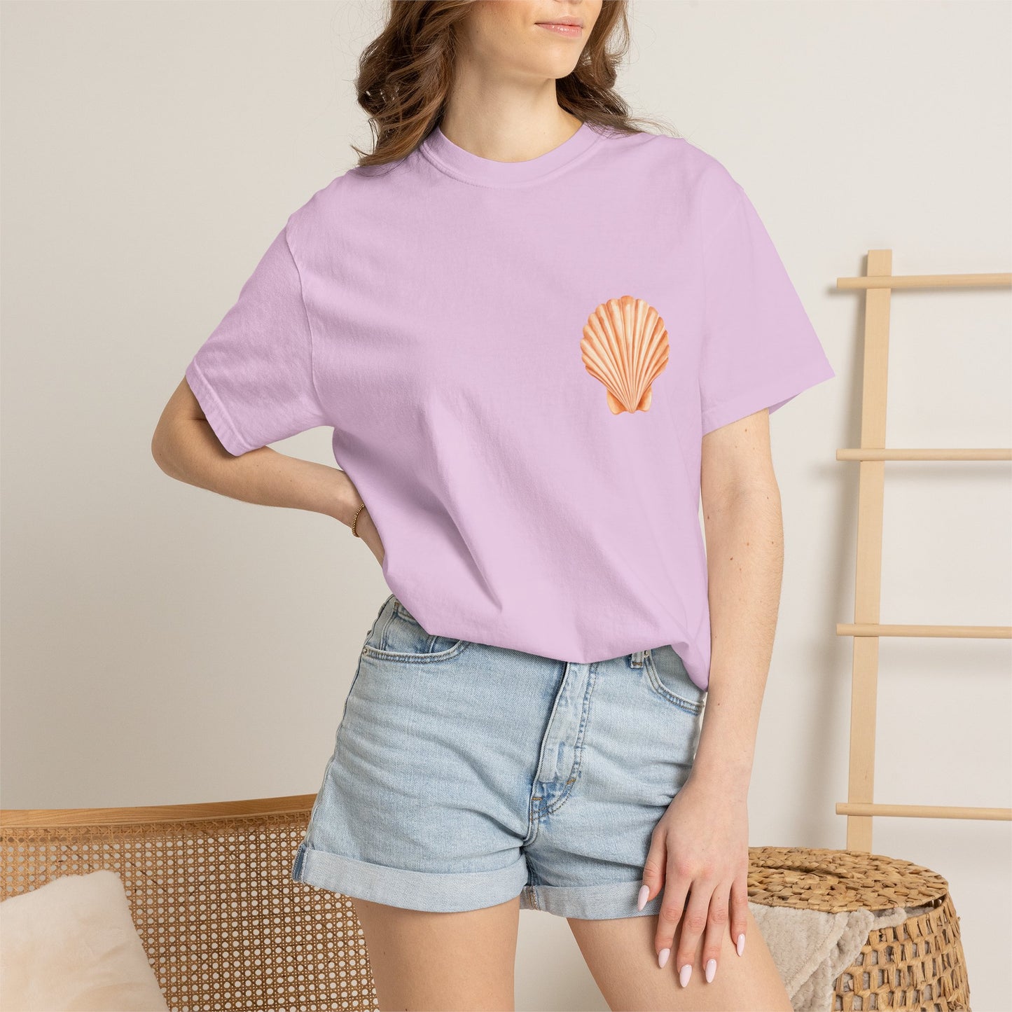 Shell Pocket T-Shirt — Minimal Beach Tee with Orange Seashell