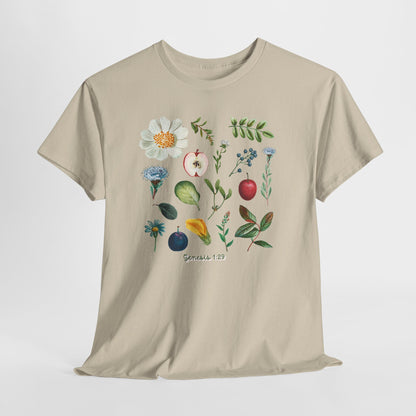 Botanical Fruit & Flower Tee — Watercolor Garden Illustration T-Shirt Genesis 1:29