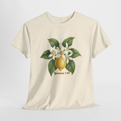 T-Shirt — Lemon Blossom Graphic Tee with 'Genesis 1:29' Scripture