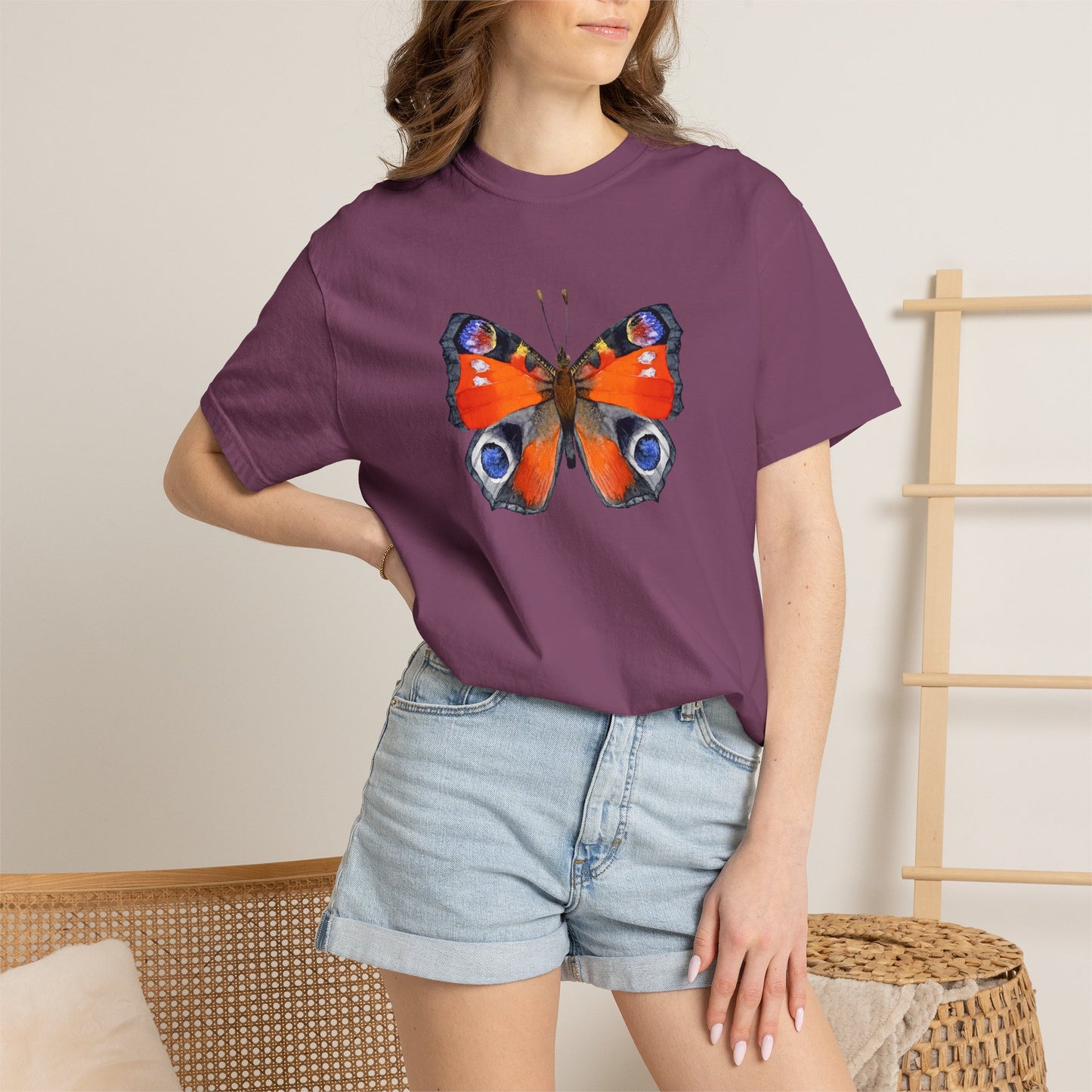 Butterfly Graphic T-Shirt — Vibrant Peacock Butterfly Print on Natural Tee