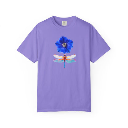 Dragonfly & Blue Blossom T-Shirt — Floral Nature Graphic Tee