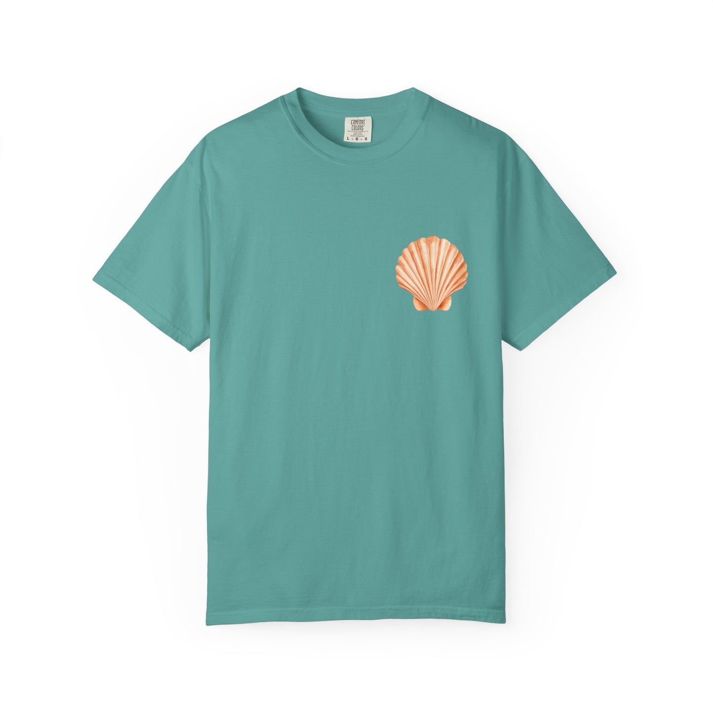 Shell Pocket T-Shirt — Minimal Beach Tee with Orange Seashell
