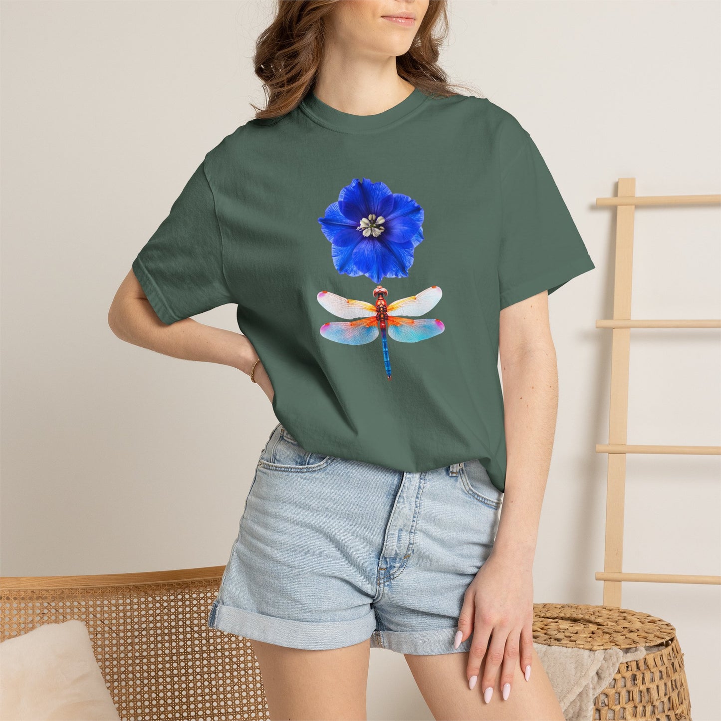 Dragonfly & Blue Blossom T-Shirt — Floral Nature Graphic Tee