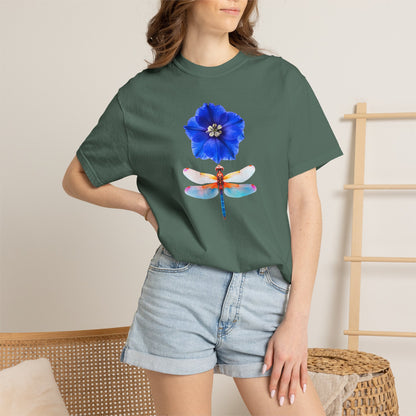 Dragonfly & Blue Blossom T-Shirt — Floral Nature Graphic Tee