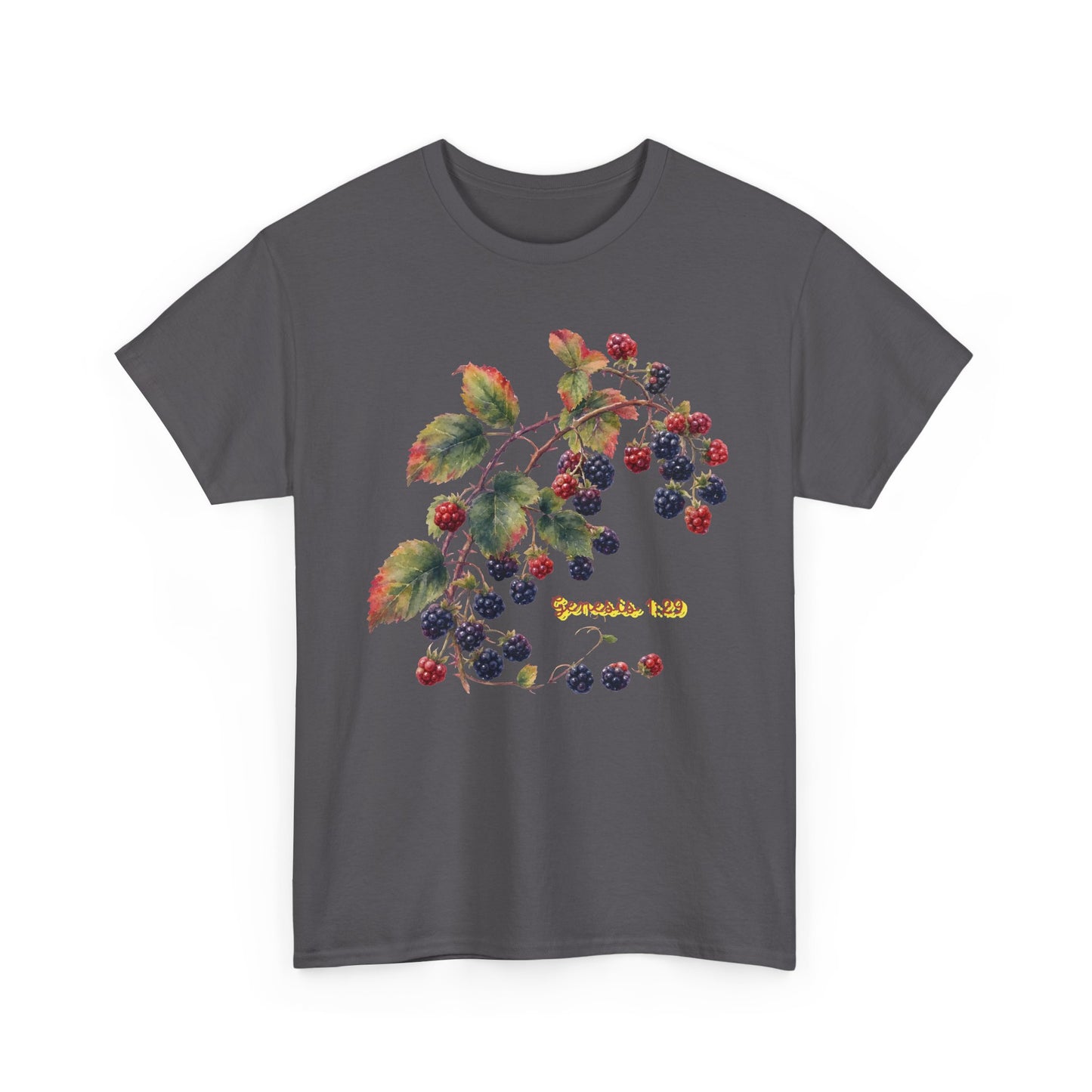 Blackberry Branch T-Shirt — Botanical Berry Illustration with "Genesis 1:29"