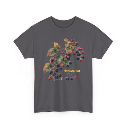 Blackberry Branch T-Shirt — Botanical Berry Illustration with "Genesis 1:29"