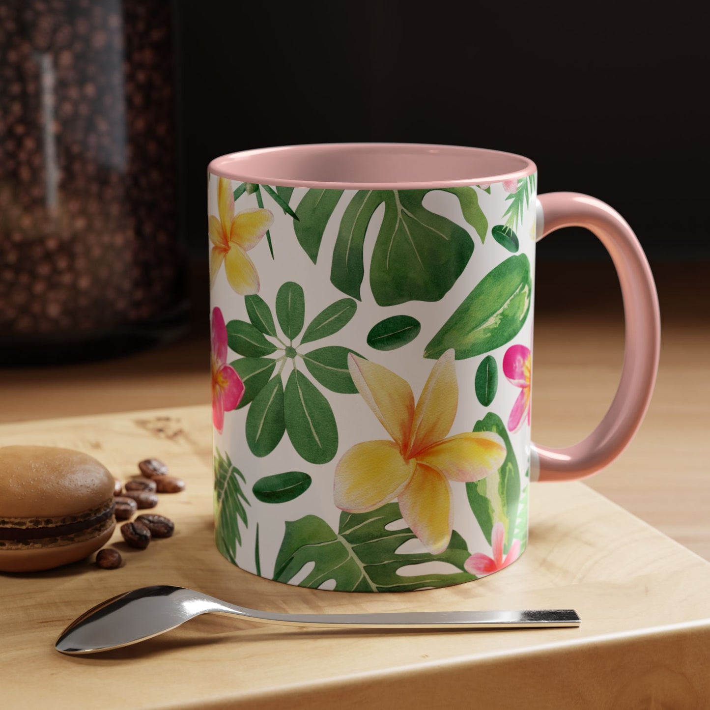 Tropical Floral Coffee Mug — Plumeria & Palm Accent Mug (11/15oz)