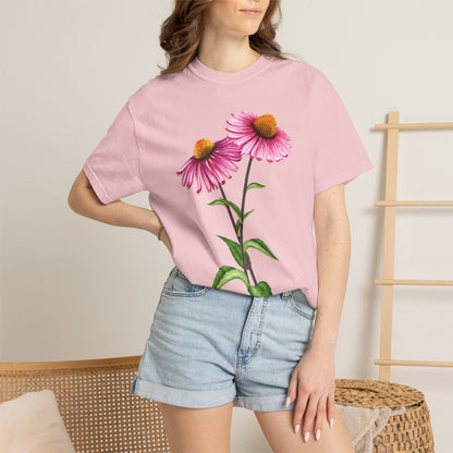 Floral Coneflower T-Shirt — Pink Echinacea Botanical Tee