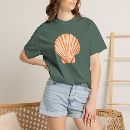 Shell Pocket T-Shirt — Minimal Beach Tee with Orange Seashell