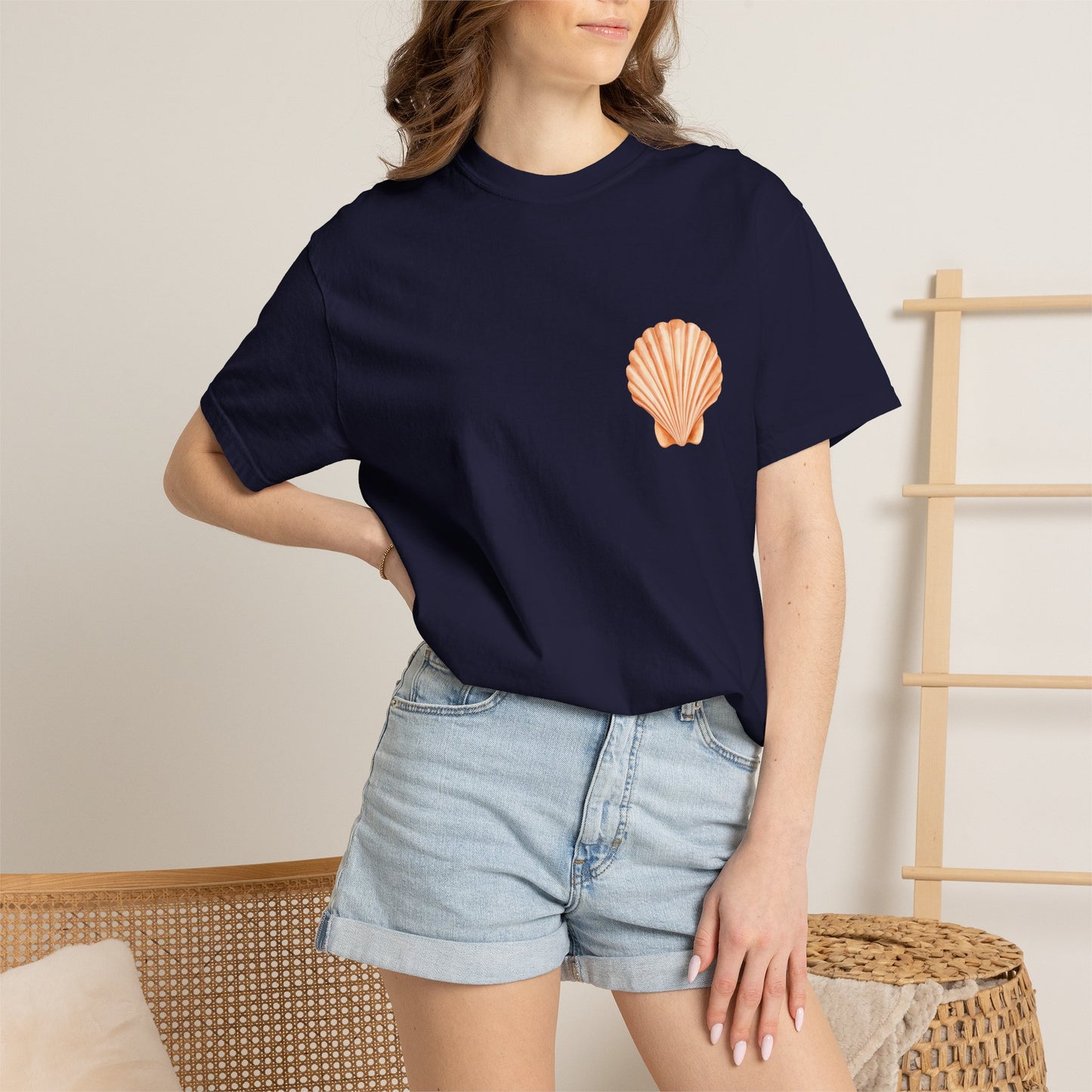 Shell Pocket T-Shirt — Minimal Beach Tee with Orange Seashell
