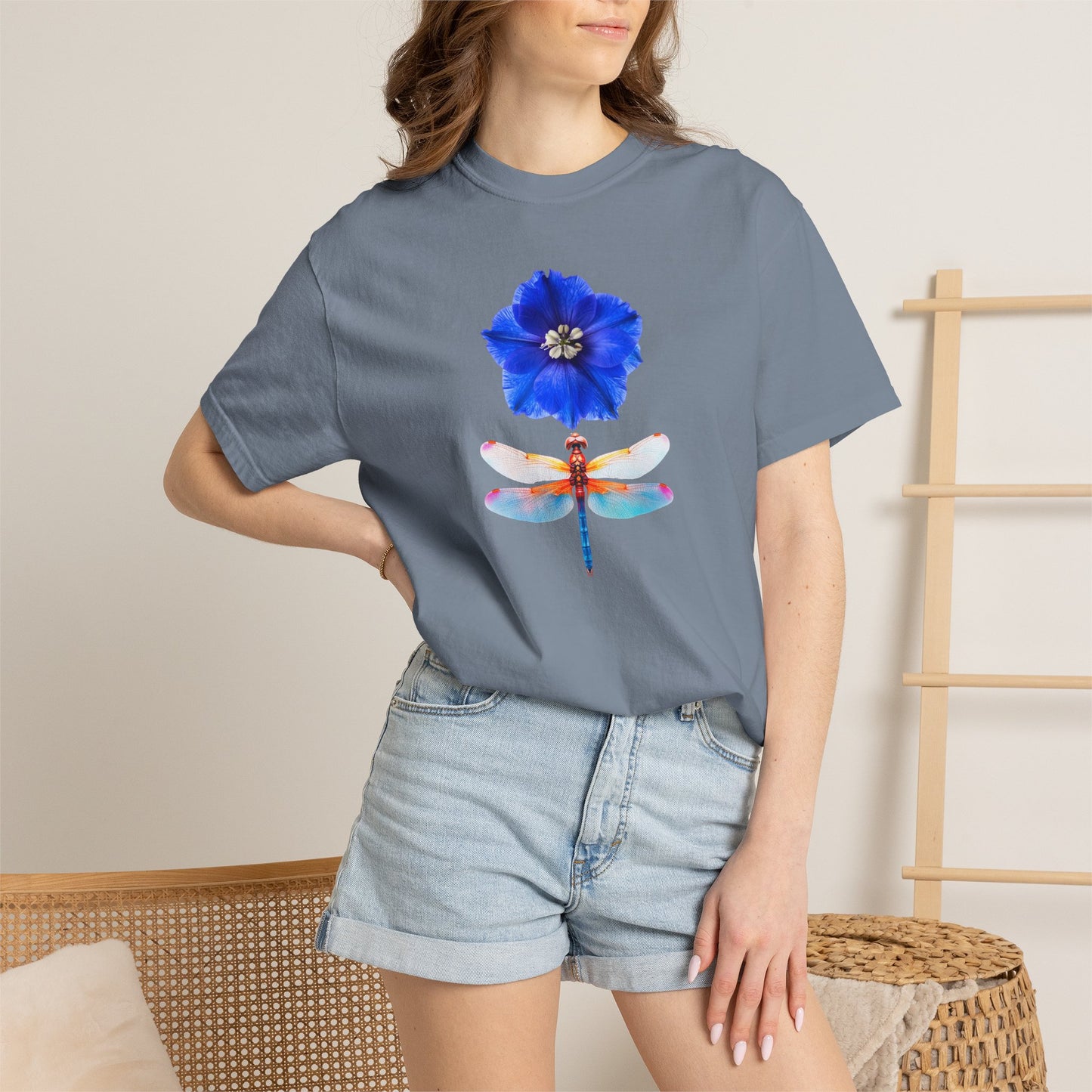 Dragonfly & Blue Blossom T-Shirt — Floral Nature Graphic Tee