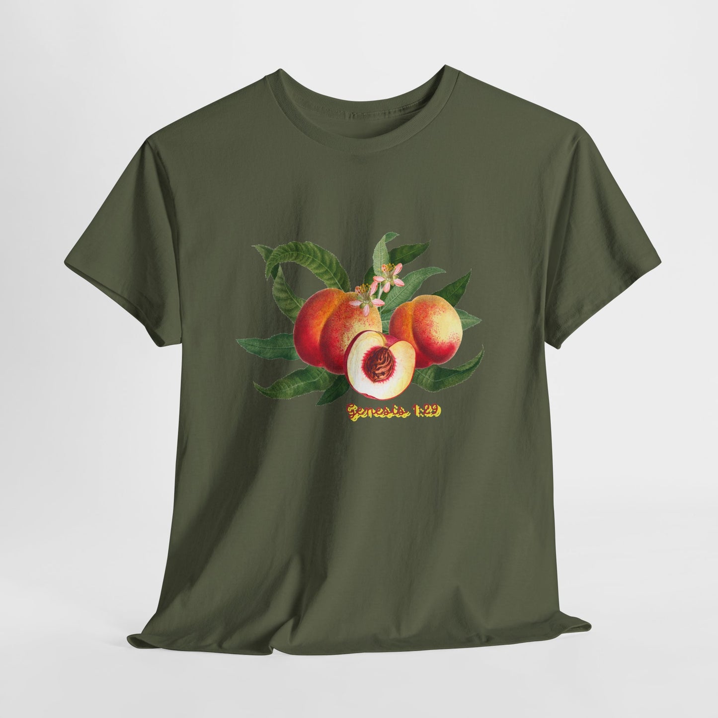 Peach Botanical Tee — Vintage Fruit Illustration T-Shirt ("Genesis 1:29")