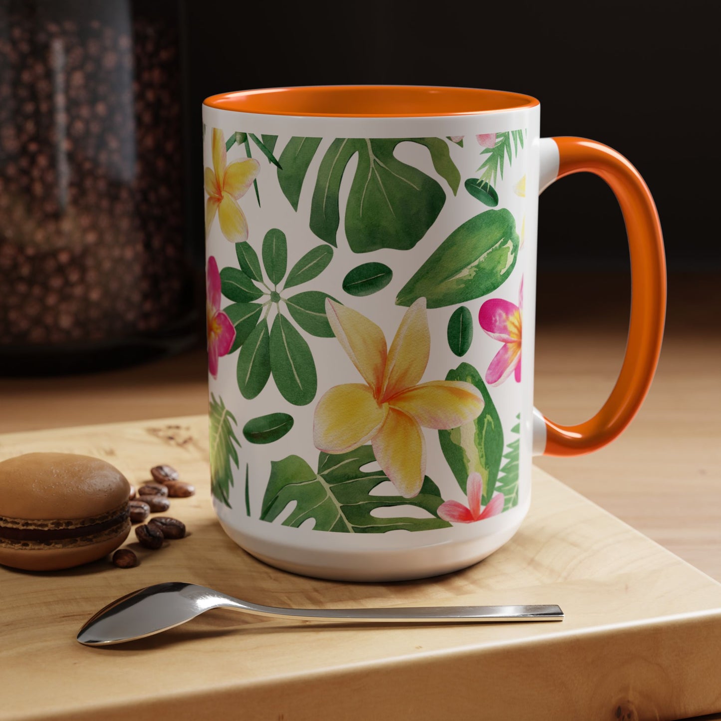 Tropical Floral Coffee Mug — Plumeria & Palm Accent Mug (11/15oz)