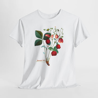 Strawberry Botanical Tee — Vintage Fruit Illustration T-Shirt Genesis 1:29