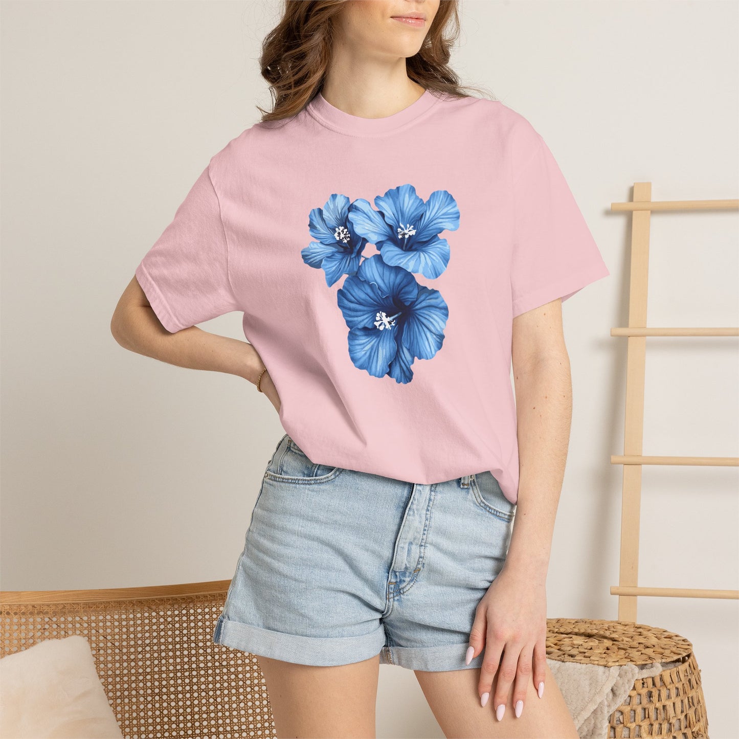Blue Hibiscus Floral T-Shirt — Watercolor Flower Graphic Tee