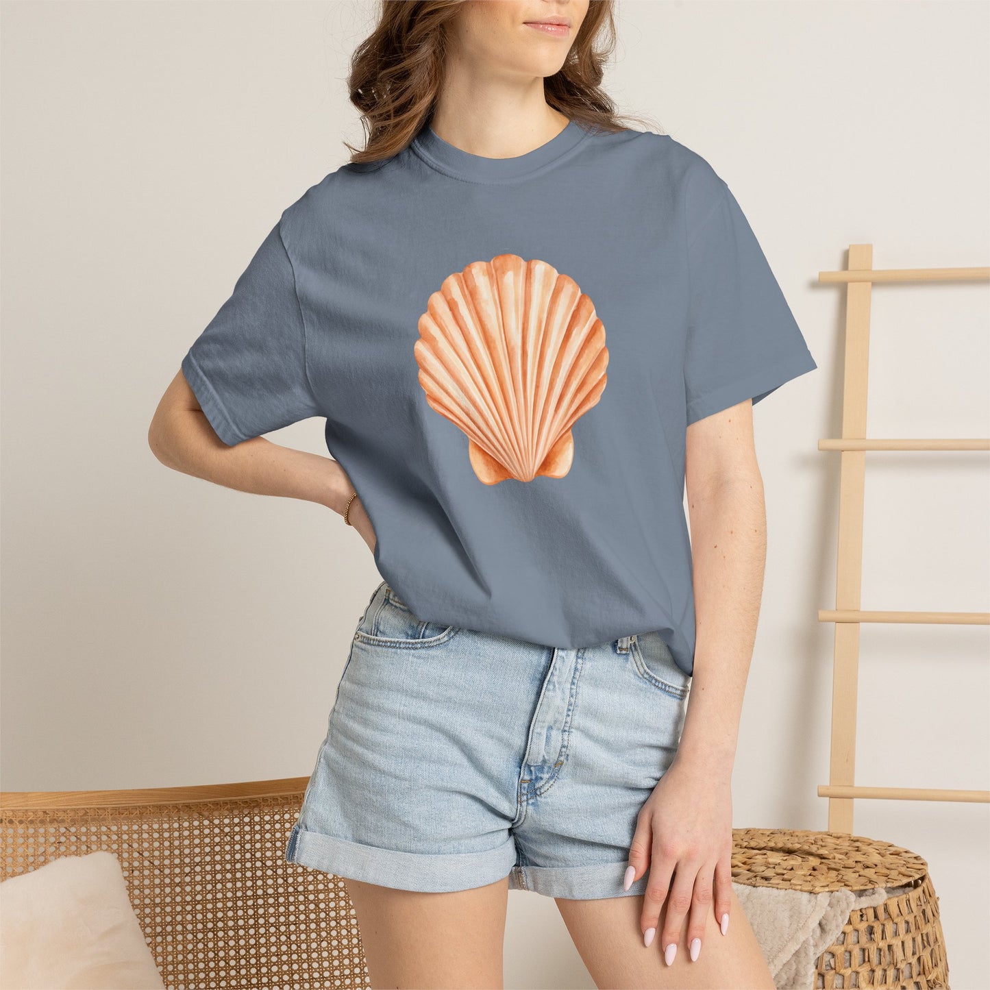 Shell Pocket T-Shirt — Minimal Beach Tee with Orange Seashell