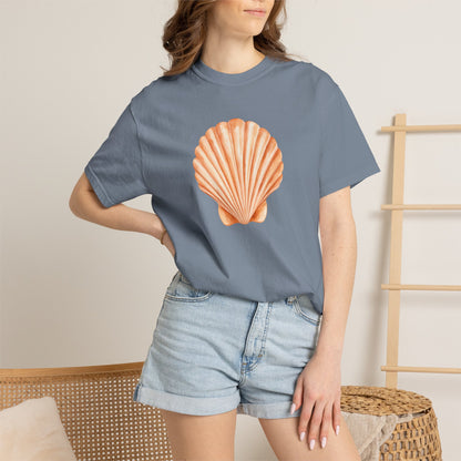 Shell Pocket T-Shirt — Minimal Beach Tee with Orange Seashell