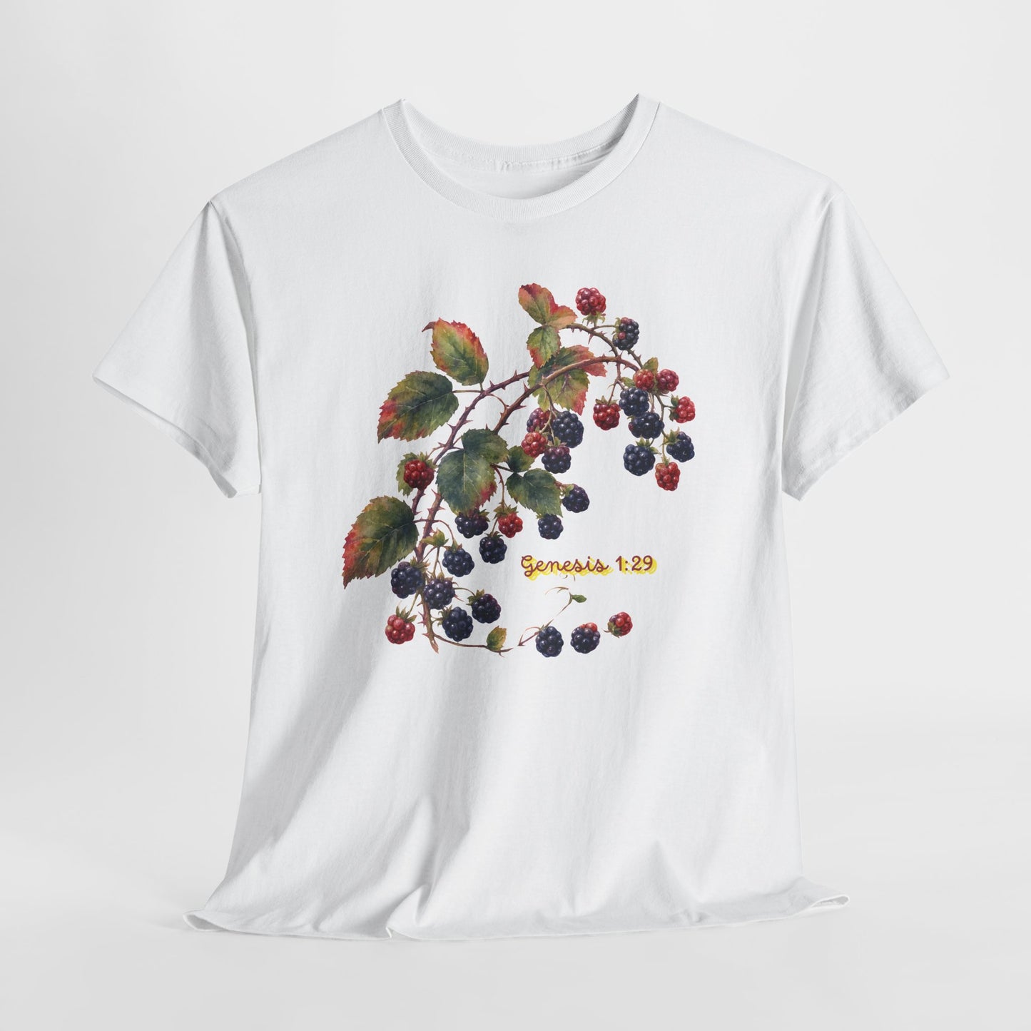Blackberry Branch T-Shirt — Botanical Berry Illustration with "Genesis 1:29"