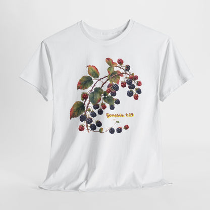 Blackberry Branch T-Shirt — Botanical Berry Illustration with "Genesis 1:29"