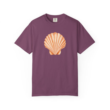 Shell Pocket T-Shirt — Minimal Beach Tee with Orange Seashell