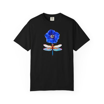Dragonfly & Blue Blossom T-Shirt — Floral Nature Graphic Tee