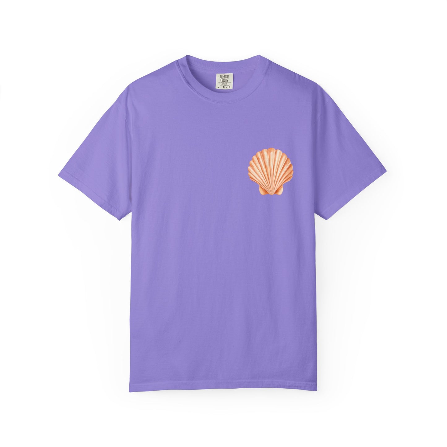 Shell Pocket T-Shirt — Minimal Beach Tee with Orange Seashell
