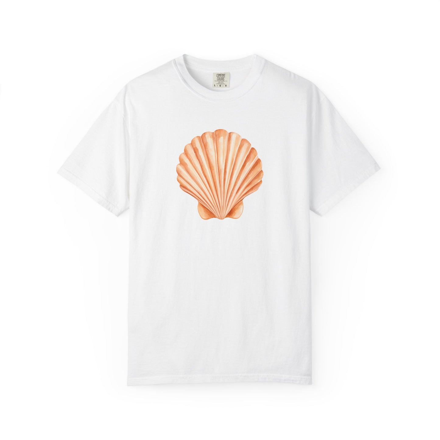 Shell Pocket T-Shirt — Minimal Beach Tee with Orange Seashell