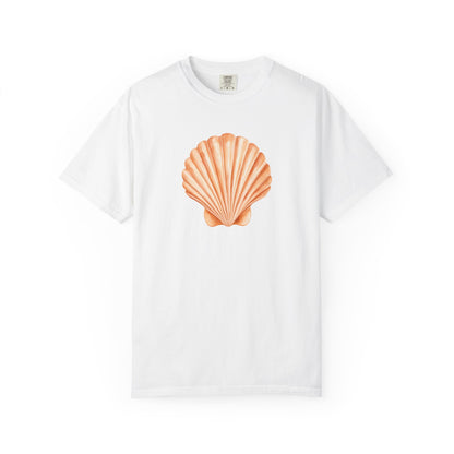 Shell Pocket T-Shirt — Minimal Beach Tee with Orange Seashell