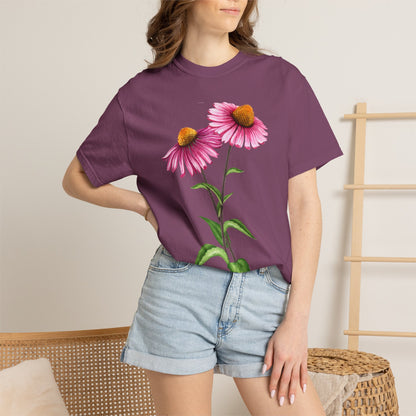 Floral Coneflower T-Shirt — Pink Echinacea Botanical Tee