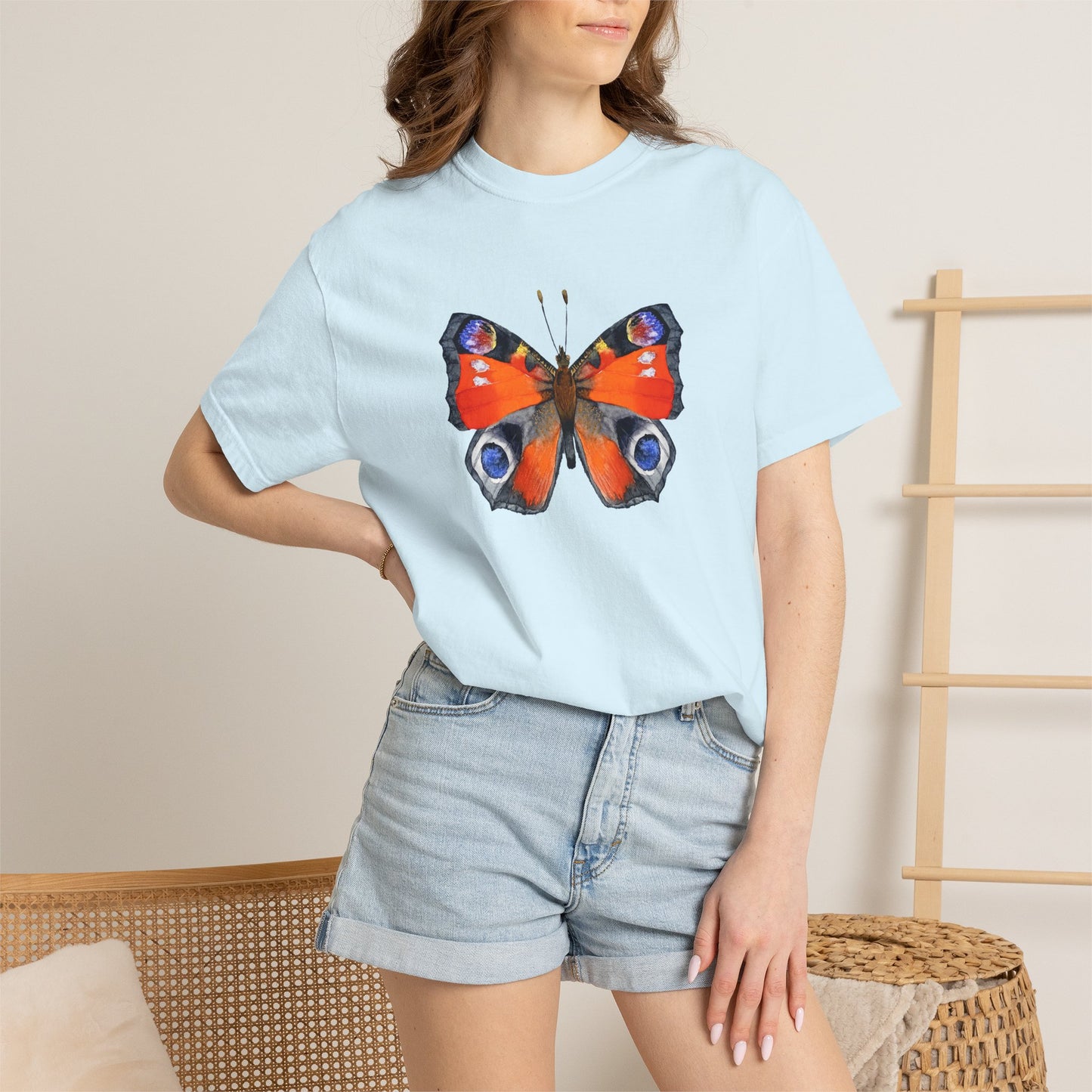 Butterfly Graphic T-Shirt — Vibrant Peacock Butterfly Print on Natural Tee