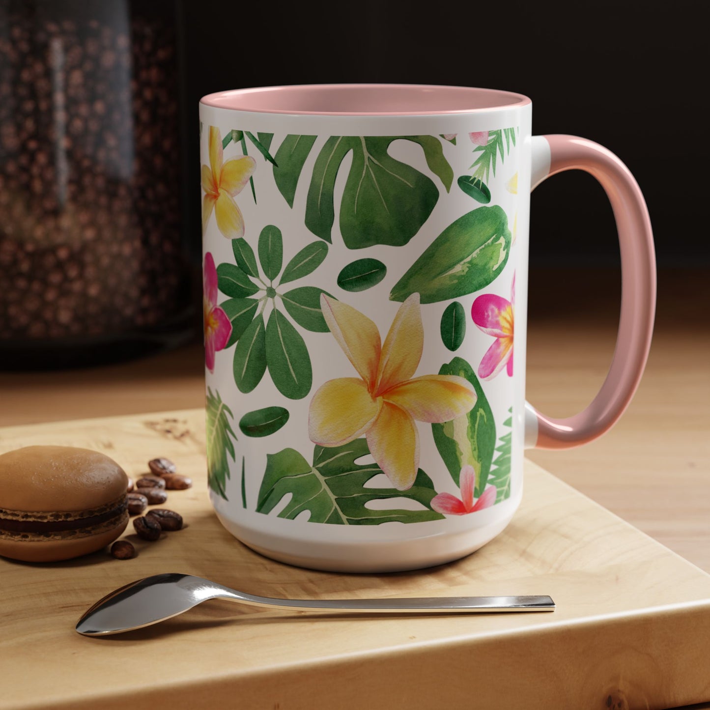 Tropical Floral Coffee Mug — Plumeria & Palm Accent Mug (11/15oz)
