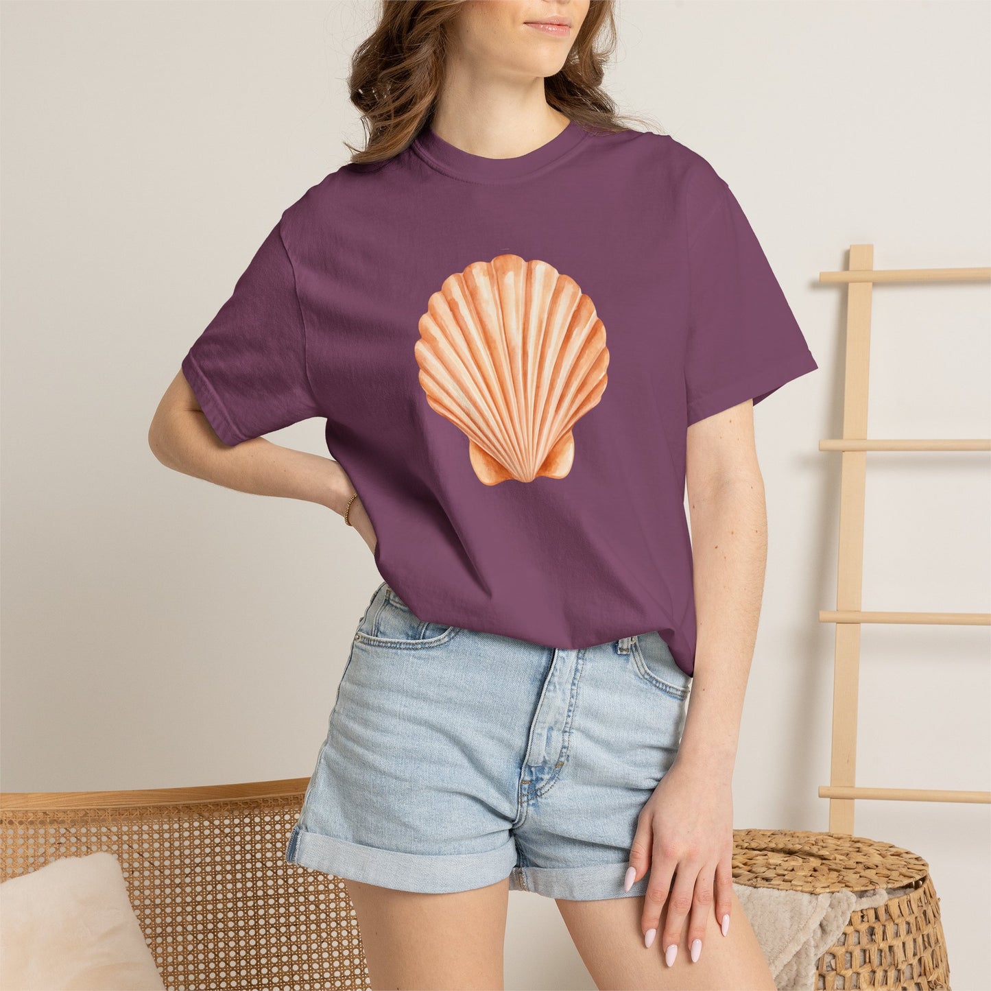 Shell Pocket T-Shirt — Minimal Beach Tee with Orange Seashell