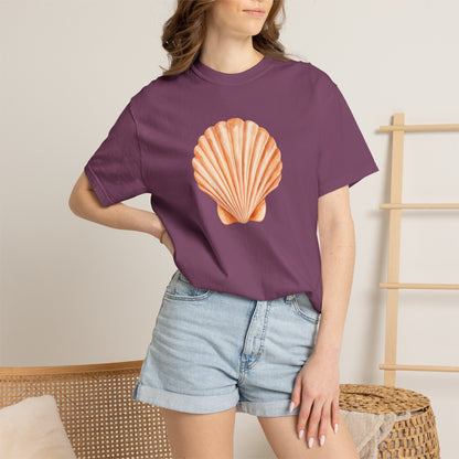 Shell Pocket T-Shirt — Minimal Beach Tee with Orange Seashell