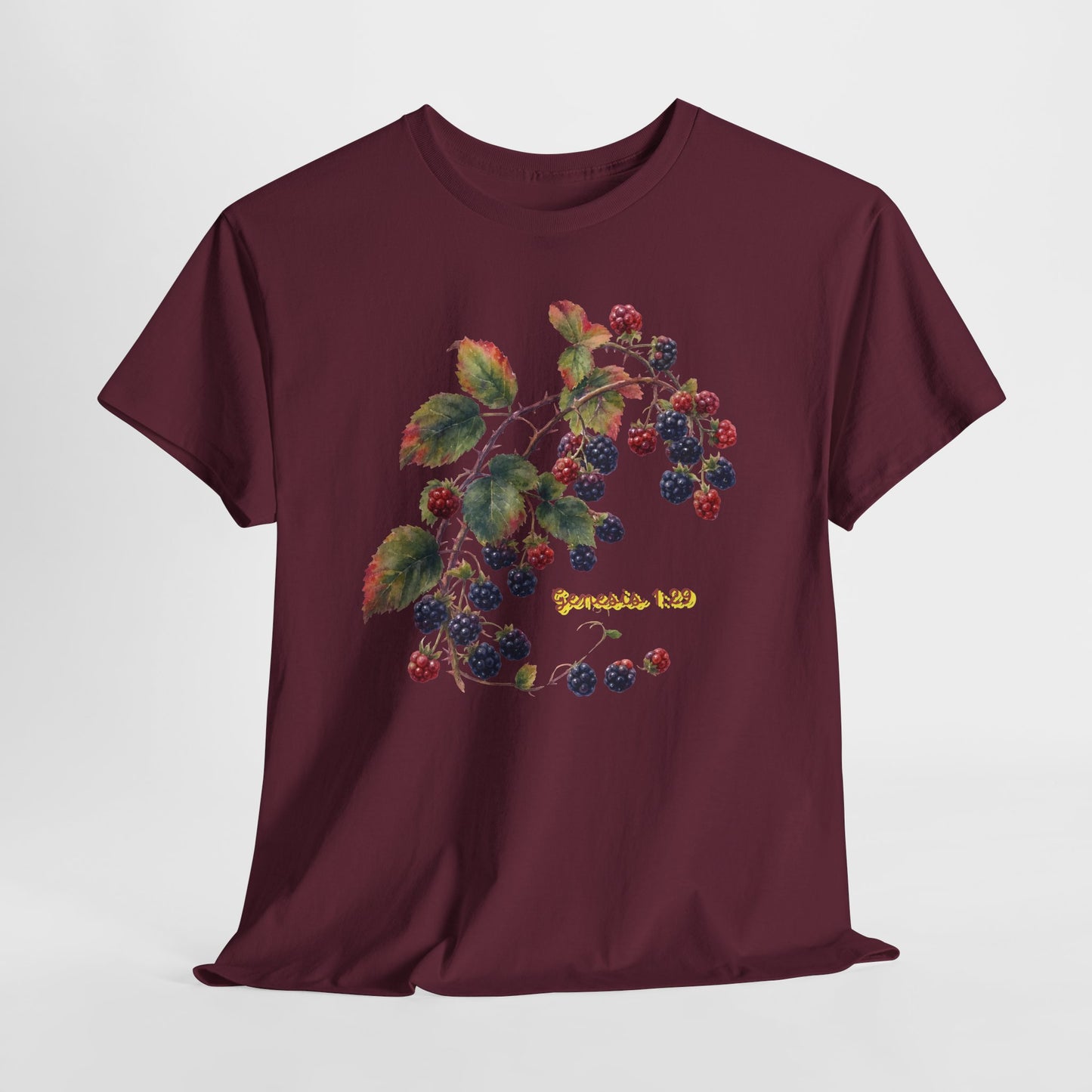 Blackberry Branch T-Shirt — Botanical Berry Illustration with "Genesis 1:29"