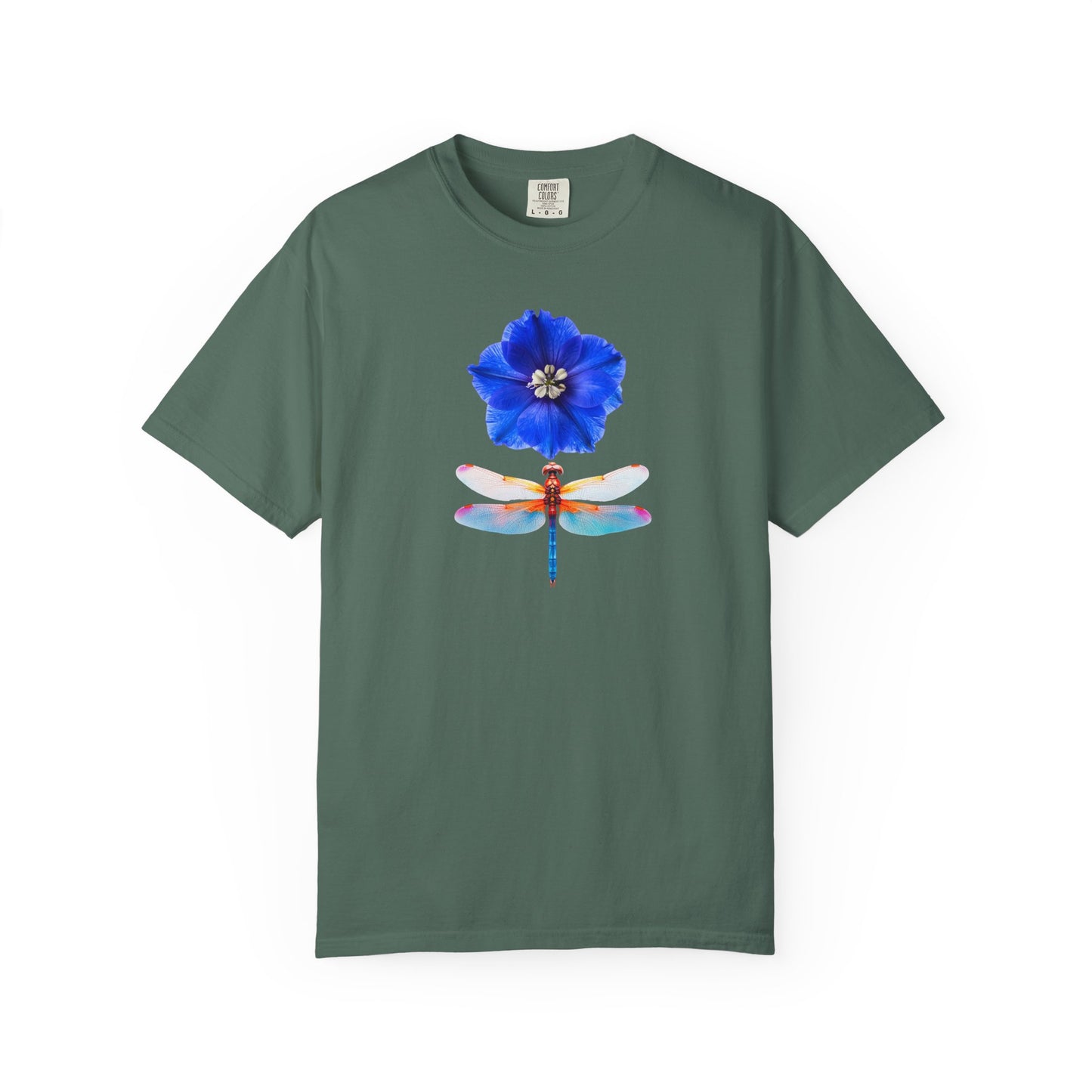 Dragonfly & Blue Blossom T-Shirt — Floral Nature Graphic Tee