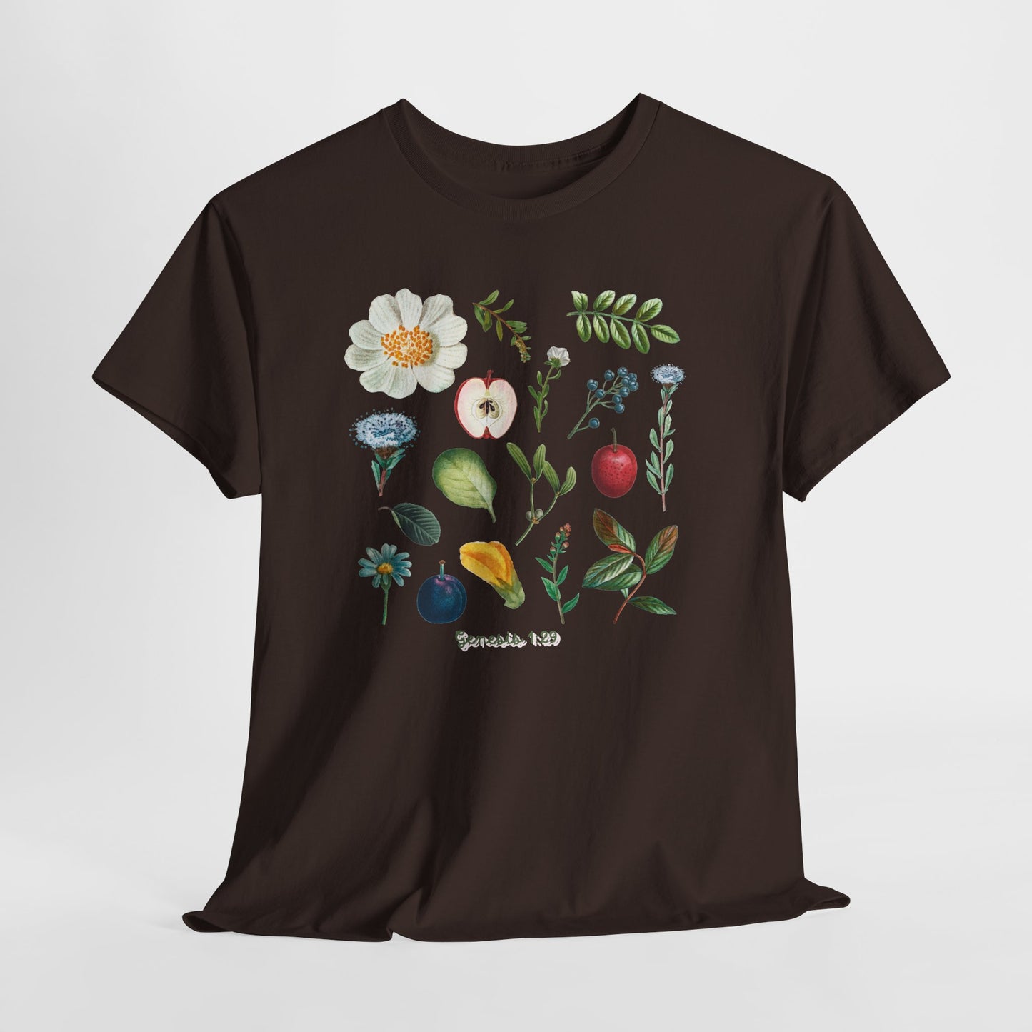 Botanical Fruit & Flower Tee — Watercolor Garden Illustration T-Shirt Genesis 1:29