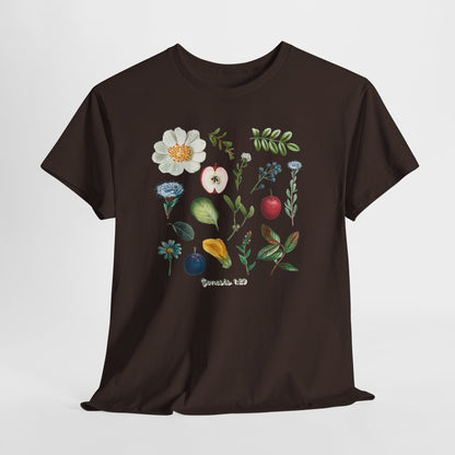 Botanical Fruit & Flower Tee — Watercolor Garden Illustration T-Shirt Genesis 1:29