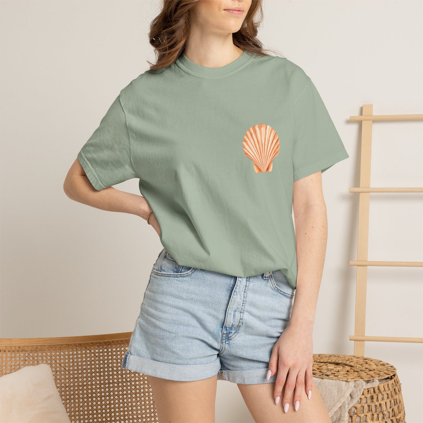 Shell Pocket T-Shirt — Minimal Beach Tee with Orange Seashell