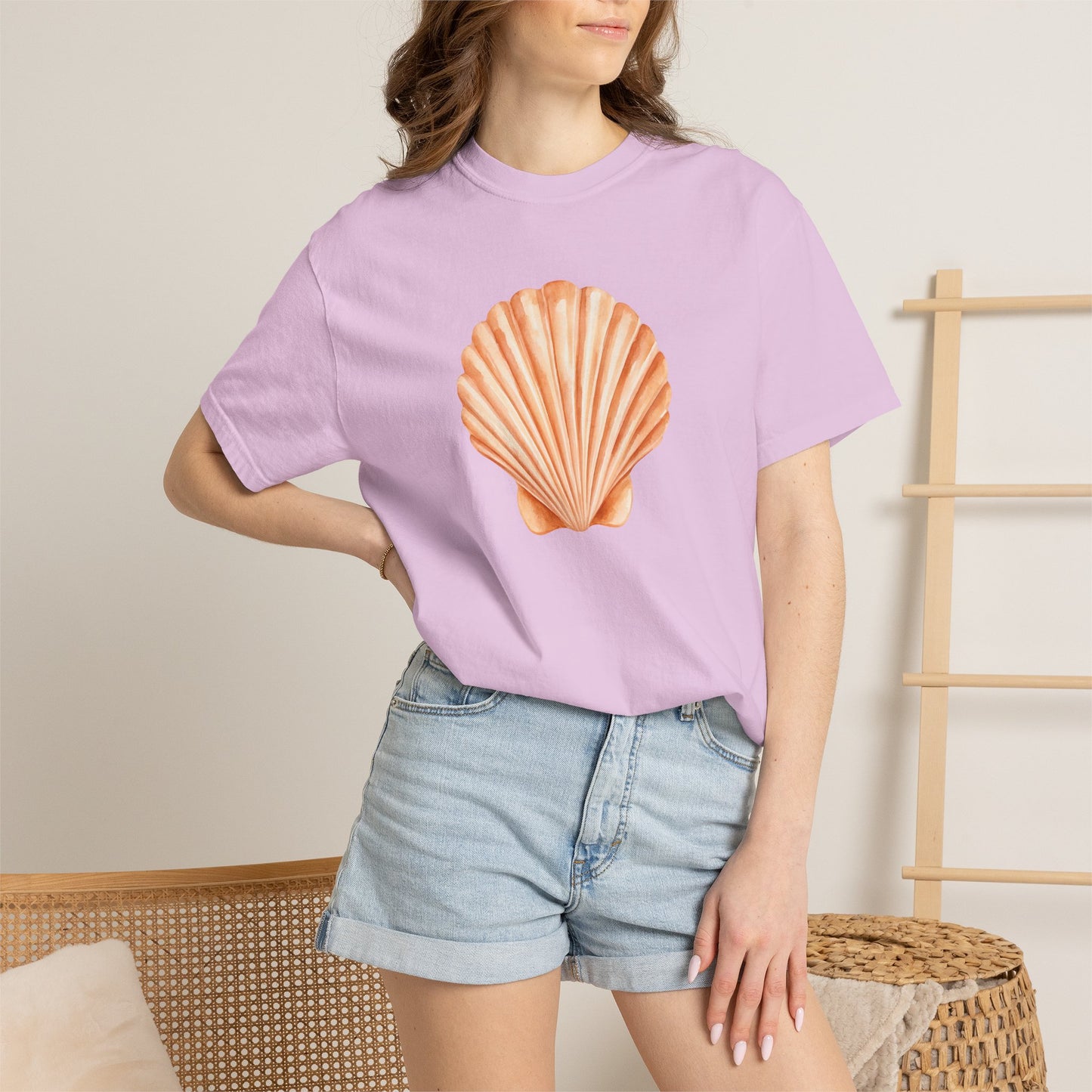 Shell Pocket T-Shirt — Minimal Beach Tee with Orange Seashell