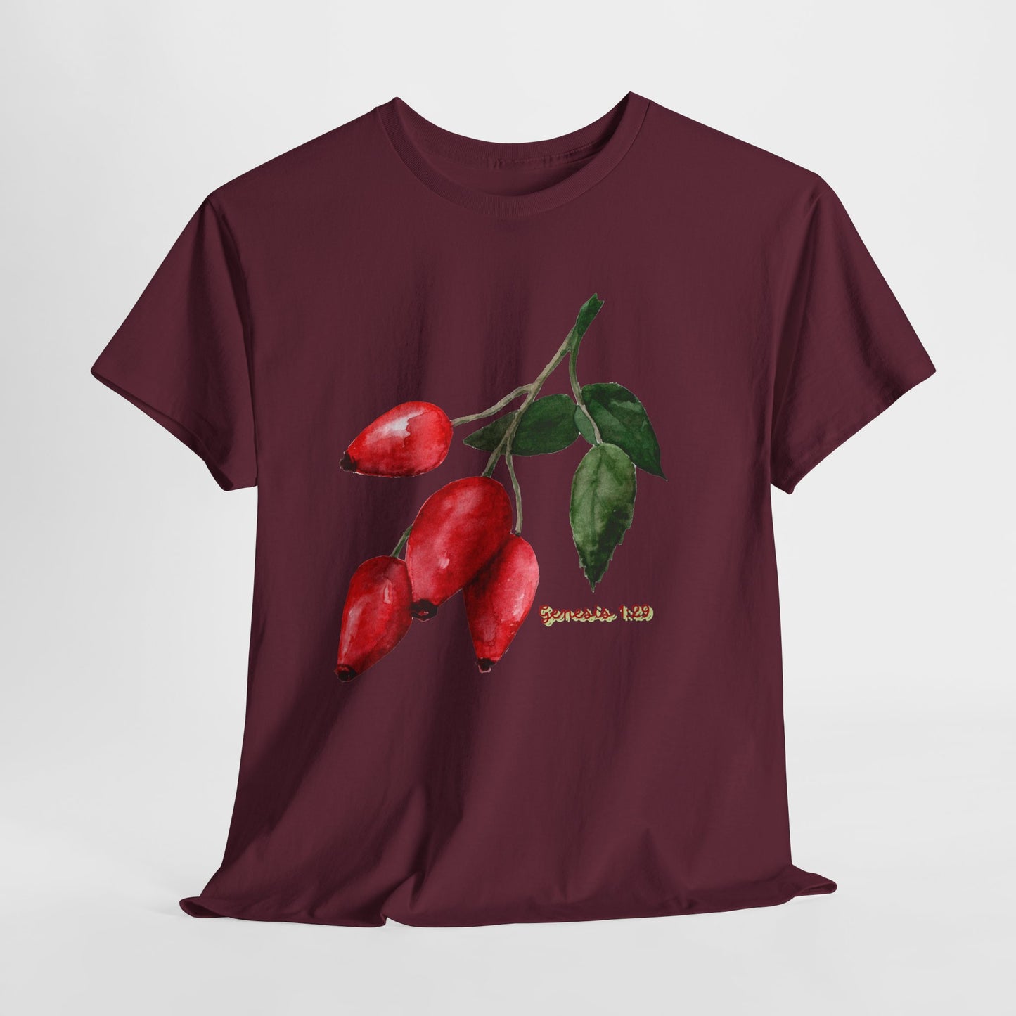 Rosehip Botanical Tee — Illustrated Rose Hips with Jeremiah 1:9 Scripture Accent
