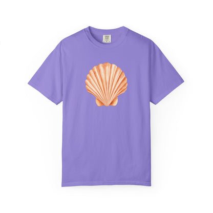 Shell Pocket T-Shirt — Minimal Beach Tee with Orange Seashell